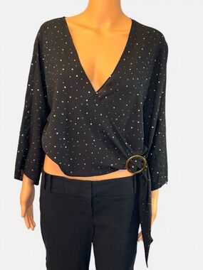 Express Black Wrap Blouse with Gold Ring and Metallic Dot Detail
